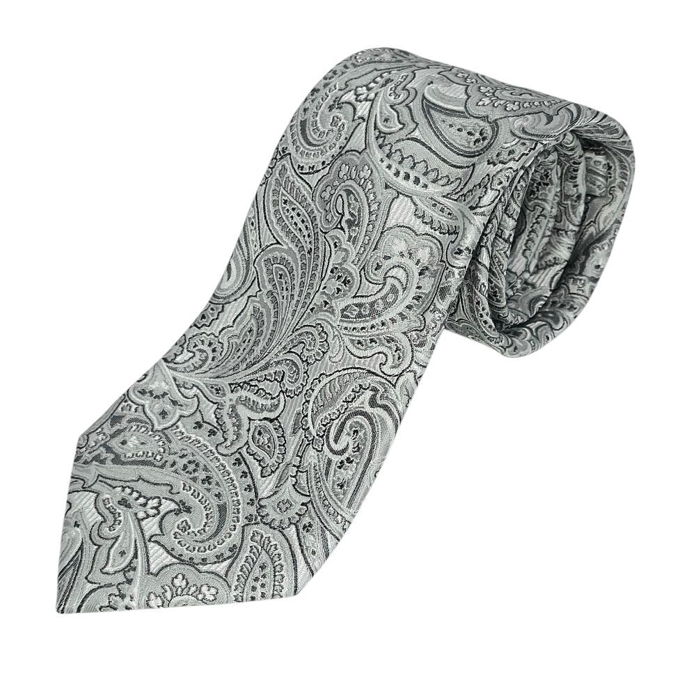 PAUL FREDRICK Silver Gray Paisley Silk Tie Classic Formal OldMoney